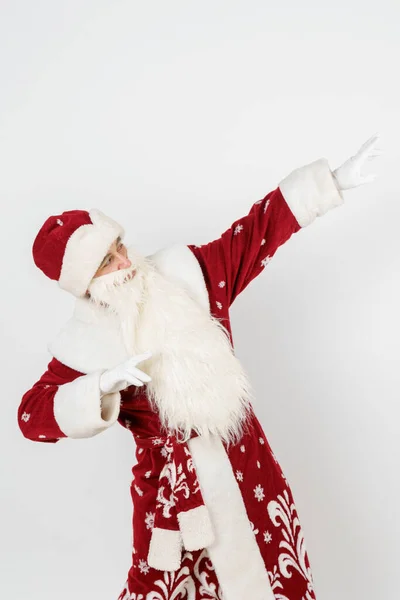 Conceito Natal Ano Novo Papai Noel Mostra Gesto Levantando Mãos — Fotografia de Stock