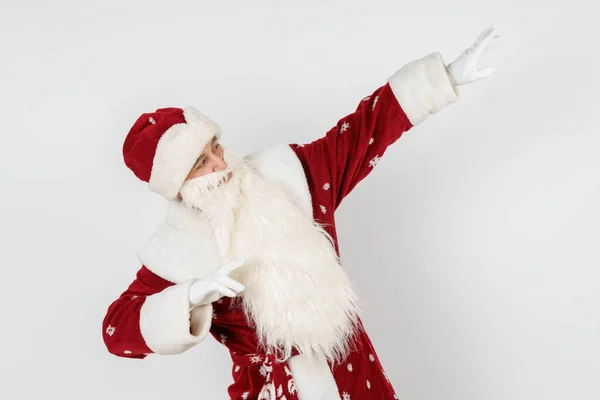 Christmas New Years Concept Santa Claus Shows Gesture Raising His — Stock Photo, Image