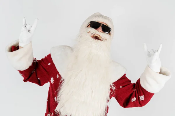 Conceito Natal Ano Novo Papai Noel Mostra Gesto Levantando Dois — Fotografia de Stock