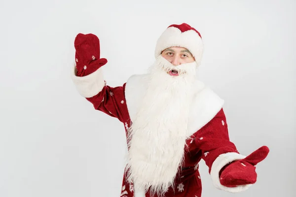 Conceito Natal Ano Novo Papai Noel Gesticula Com Mãos Espalhando — Fotografia de Stock