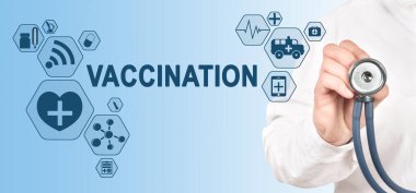 Sanal ekranın Aşılama Tıbbi Sağlık Konsepti. Steteskoplu doktor..