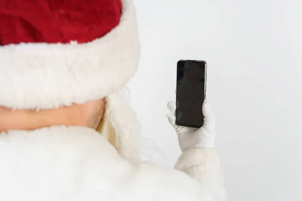 Noel Nouvel Concept Père Noël Tient Téléphone Portable Dans Main — Photo