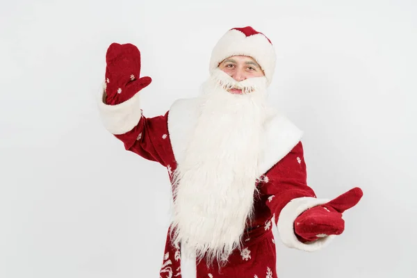 Conceito Natal Ano Novo Papai Noel Gesticula Com Mãos Espalhando — Fotografia de Stock
