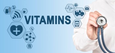 Arayüz Dokunuş Ekranındaki VITAMINS Kavramı. Steteskoplu doktor..