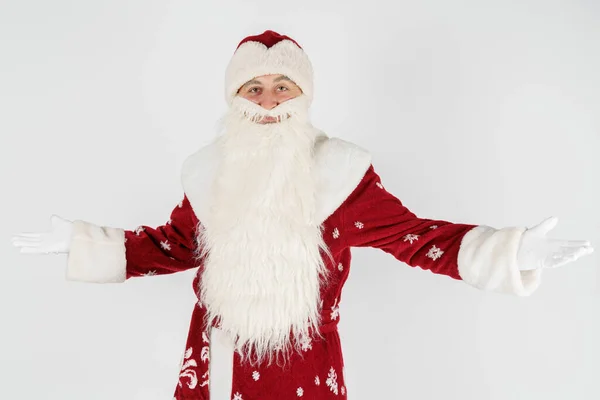 Conceito Natal Ano Novo Papai Noel Gesticula Com Mãos Espalhando — Fotografia de Stock