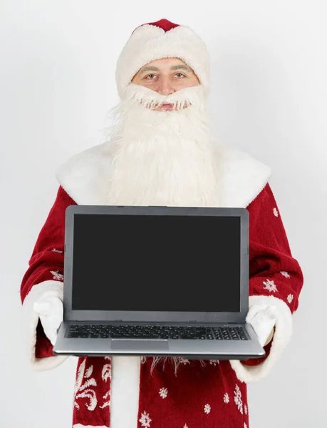 Natale Capodanno Concetto Babbo Natale Siede Alla Sua Scrivania Lavora — Foto Stock