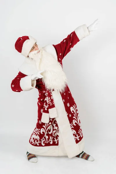 Concepto Navidad Año Nuevo Santa Claus Muestra Gesto Levantando Las —  Fotos de Stock