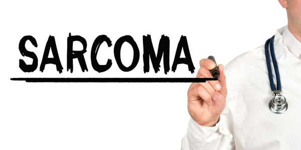 Concepto Medicina Doctor Escribe Palabra Sarcoma Imagen Una Mano Sosteniendo — Foto de Stock