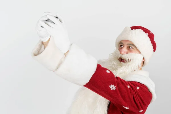 Christmas New Years Concept Santa Claus Poses Makes Selfie Mobile — Stock Photo, Image