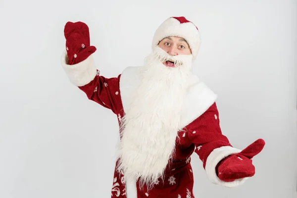 Koncepcja Bożego Narodzenia Nowego Roku Święty Mikołaj Gestykuluje Rękami Oddzielając — Zdjęcie stockowe