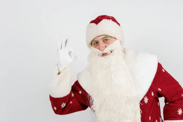 Conceito Natal Ano Novo Papai Noel Mostra Gesto Com Dedos — Fotografia de Stock