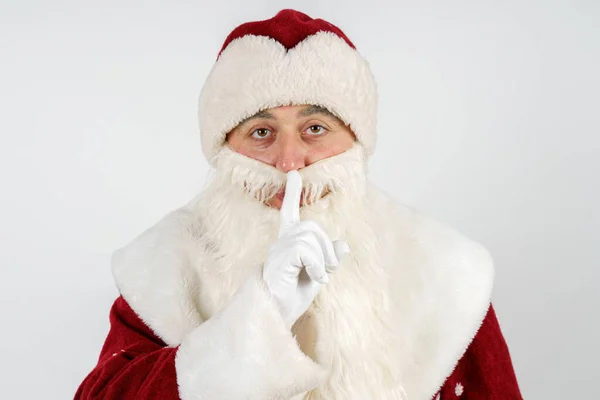 Ano Novo Conceito Natal Pai Natal Pôs Dedo Nos Lábios — Fotografia de Stock