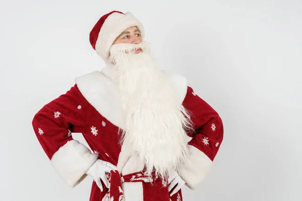 Ano Novo Conceito Natal Retrato Papai Noel Segura Mãos Cintura — Fotografia de Stock