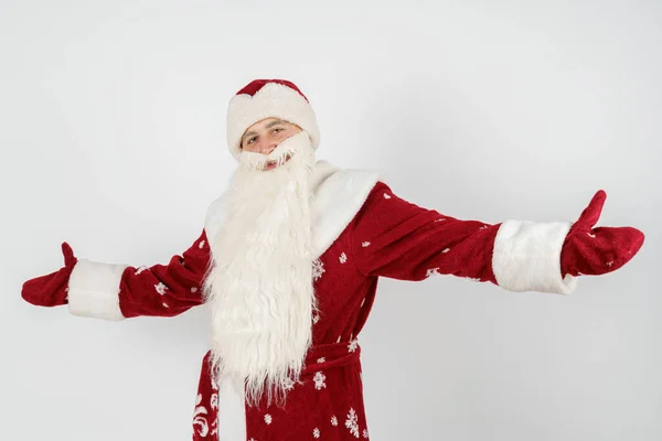 Ano Novo Conceito Natal Papai Noel Joga Mãos Direções Diferentes — Fotografia de Stock