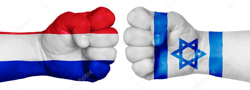 The concept of the struggle of peoples. Two hands are clenched into fists and are located opposite each other. Hands painted in the colors of the flags of the countries. France vs Israel
