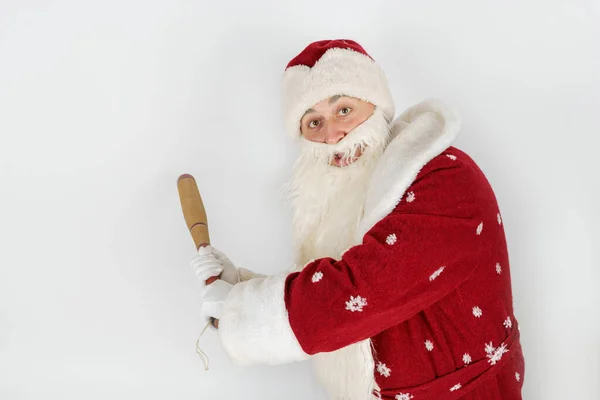 Concepto Vacaciones Navidad Santa Claus Con Bate Béisbol Sus Manos — Foto de Stock