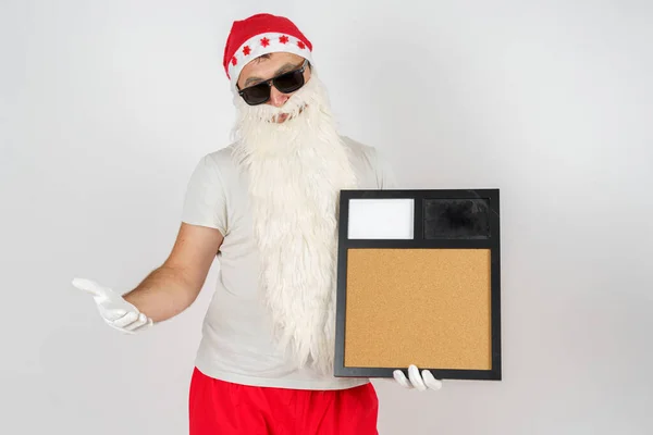 Concepto Año Nuevo Santa Claus Sostiene Una Pizarra Inscripción Sus — Foto de Stock