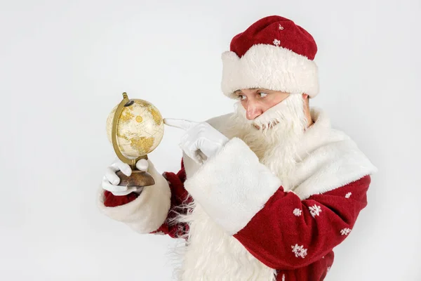 Nouvel Concept Noël Père Noël Tient Globe Entre Ses Mains — Photo