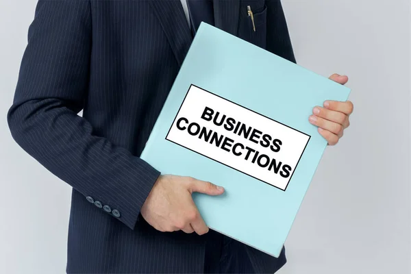 Business Concept Businessman Holds Folder Documents Text Folder Business Connections — Stock Photo, Image