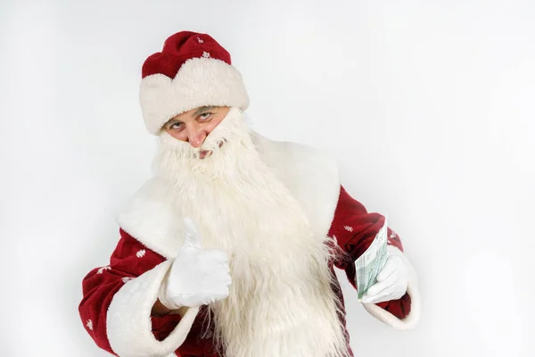 Ano Novo Conceito Natal Pai Natal Tem Dinheiro Nas Mãos — Fotografia de Stock