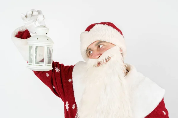 Concepto Año Nuevo Navidad Santa Claus Sostiene Una Linterna Sus — Foto de Stock