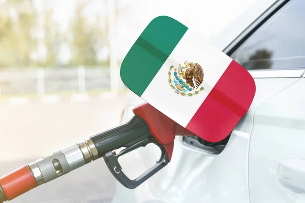 Concepto Energía Economía Bandera México Solapa Llenado Combustible Del Automóvil — Foto de Stock