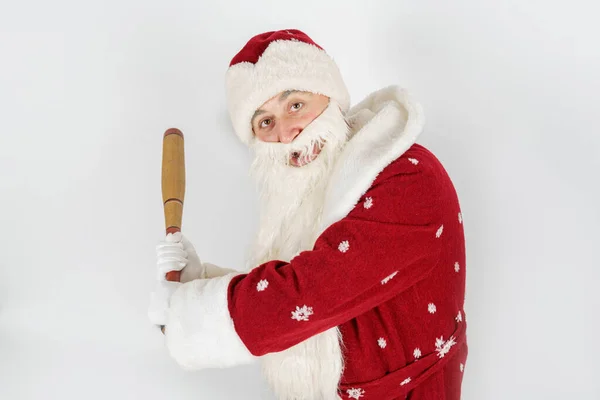 Ünnepek Karácsony Koncepció Mikulás Baseball Ütővel Kezében Fehér Alapon Elszigetelve — Stock Fotó