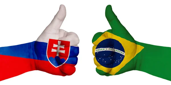 政治と金融の概念 指を上げて両手 彼らは交渉することができたジェスチャークラスを描写しています ブラジル スロバキアの国旗のイメージの手に — ストック写真