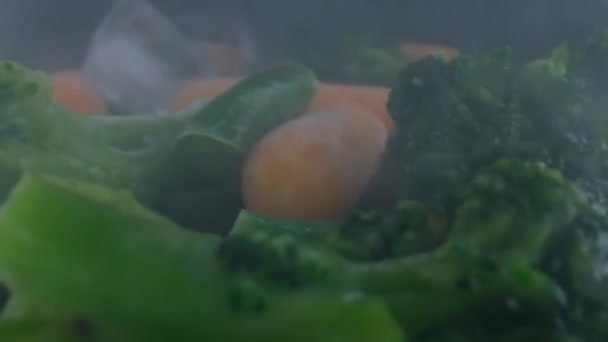 Κατεψυγμένα λαχανικά κάμερα κινείται, κουνουπίδι, καρότα, μπιζέλια, φασολάκια, έννοια της υγιεινής — Αρχείο Βίντεο