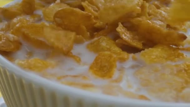 Primer plano, cereales de desayuno en un tazón blanco, hojuelas de maíz caen en un tazón , — Vídeo de stock
