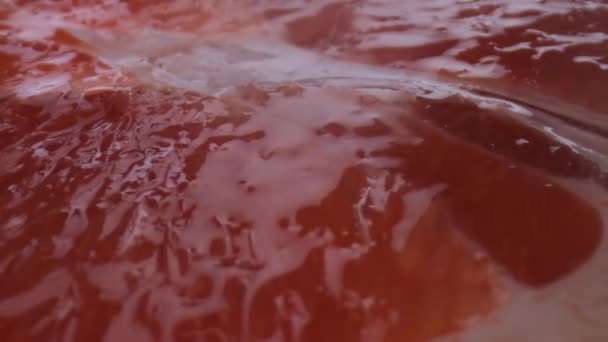 Grapefruit Makroschießen, vereinzelte Hälfte Grapefruit auf gelbem Hintergrund dreht sich — Stockvideo