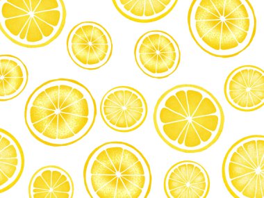 Sarı limon dilimli beyaz arka planda yapılan son moda güneş ışığı yaz deseni. En düşük yaz limon deseni