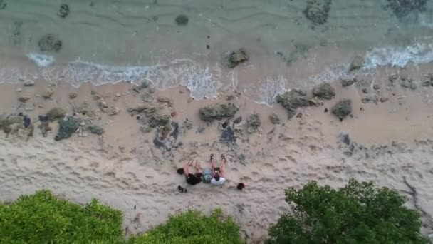 スリランカビーチトップドローンビュー 一緒にドローンを飛んで友達 太陽の下で熱帯ビーチの波が設定されます 東南アジア 透明な水とヤシの木 — ストック動画