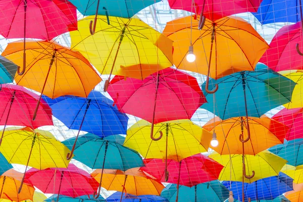 Many Colorful Umbrellas Weigh Ceiling — Stock Photo, Image
