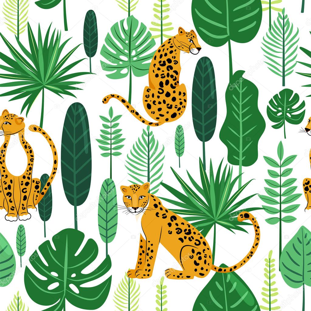 Leopard seamless pattern. Composition with leopards and tropical leaves on white background. Vector illustration for textile, postcard, fabric; wrapping paper, background, packaging.