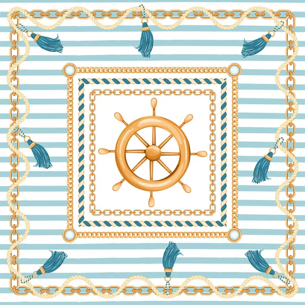 Abstract geometric pattern with golden chains, rope, tassels, ship wheel and marine stripes. — Stock Vector