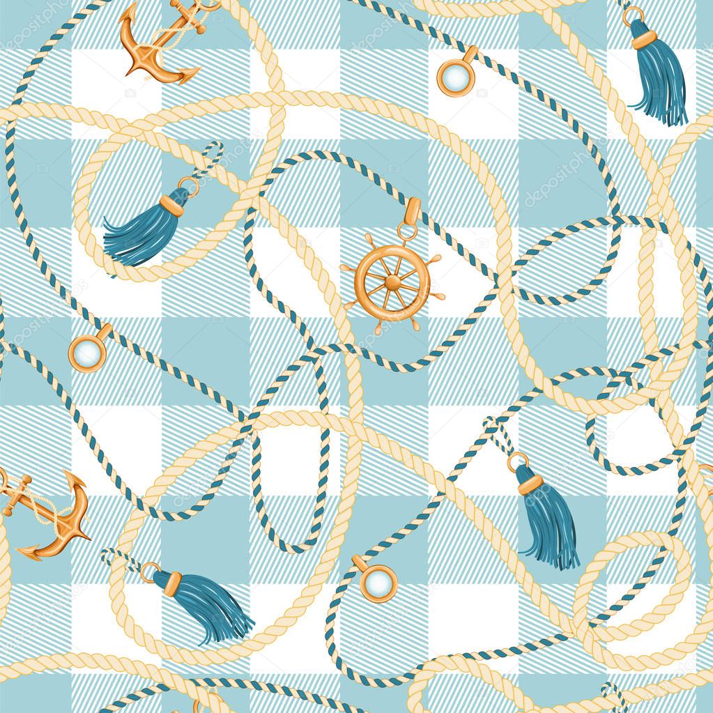 Checkered seamless pattern with golden anchor, ship wheel, tassels and rope. Marine background.