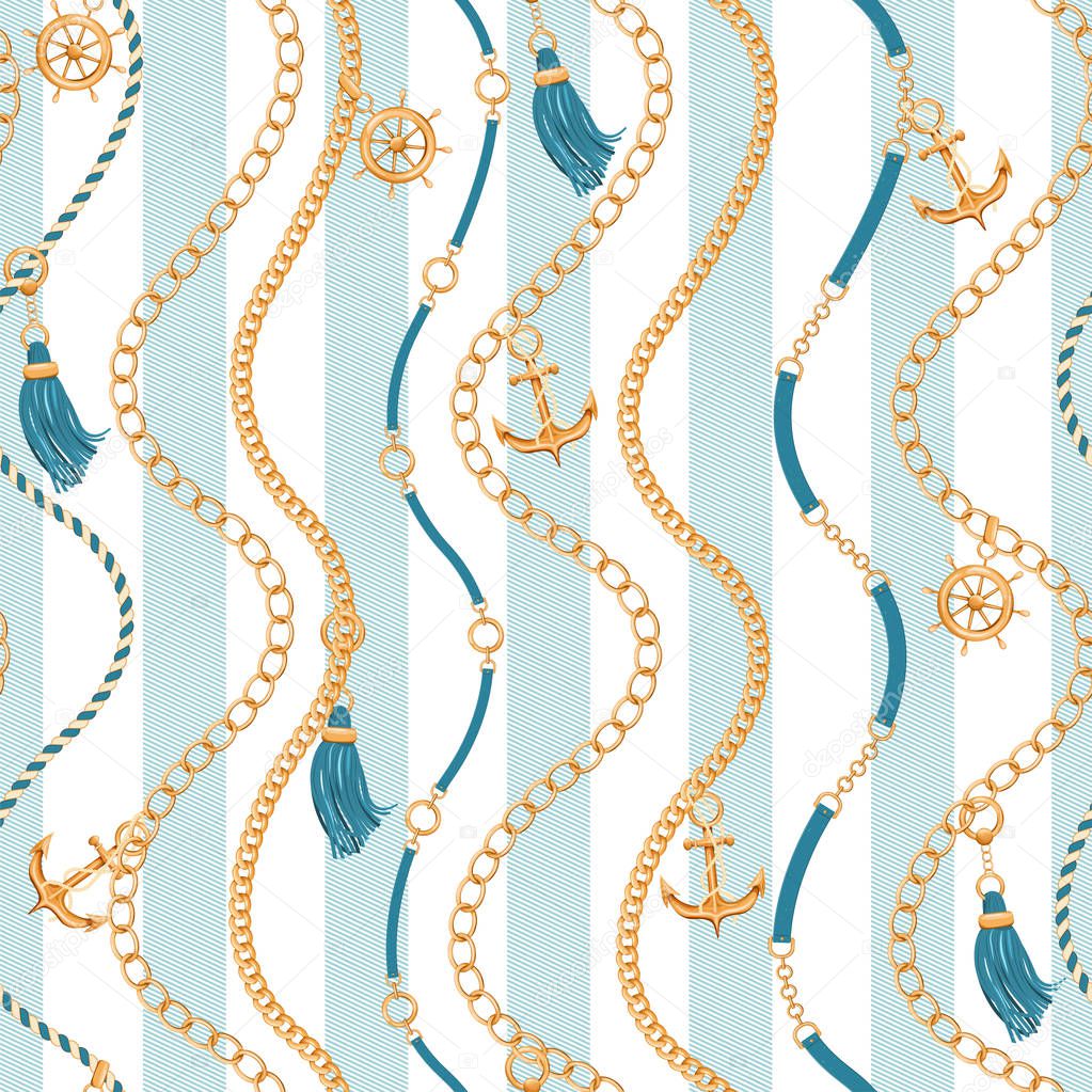 Wavy seamless background with golden chains, ship wheel, rope, belt, tassels. anchor and marine stripes.