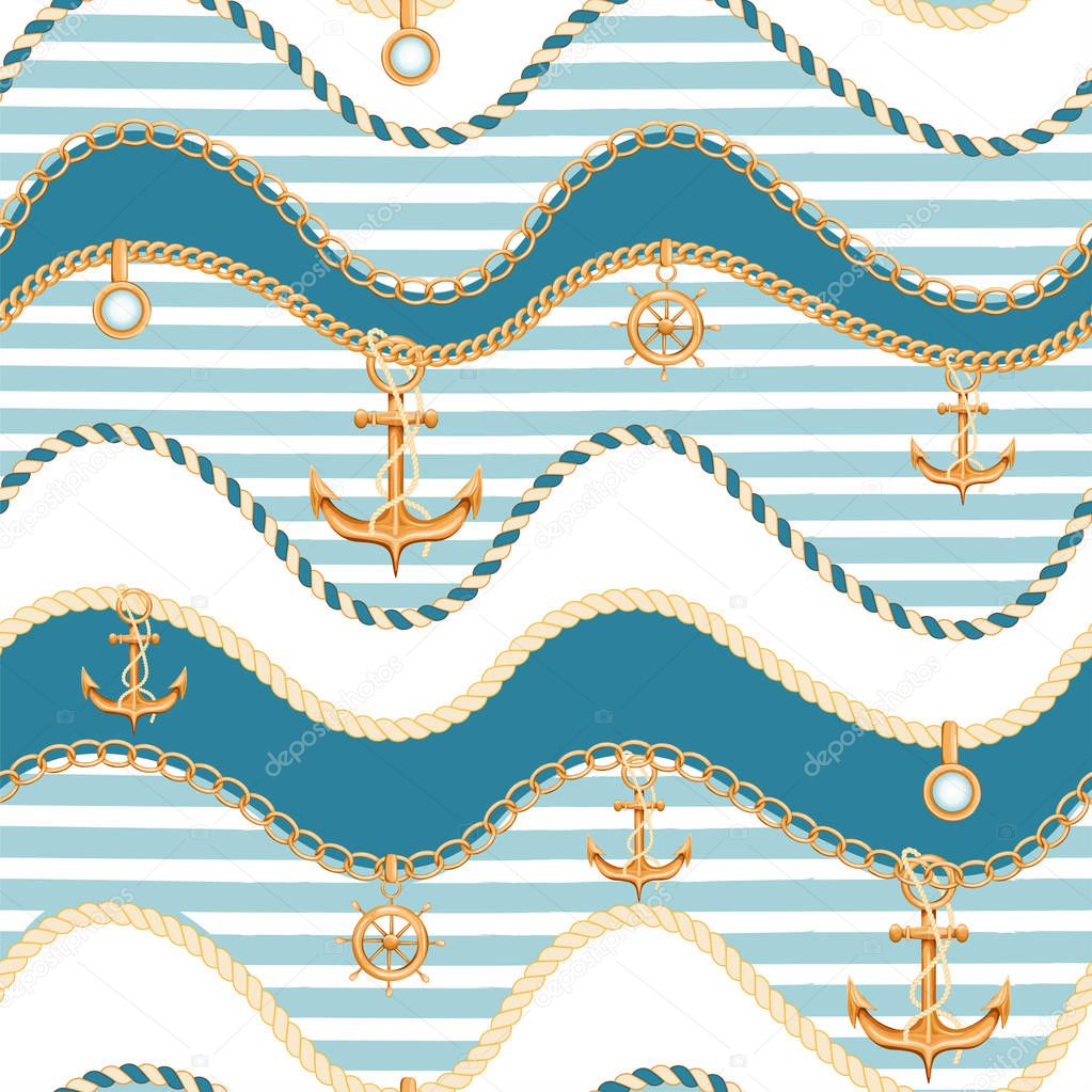 Wavy seamless background with golden chains, ship wheel, rope, anchor and marine stripes.