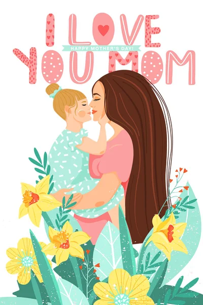 Kızı, çiçekler ve şık yazı ile güzel anne. — Stok Vektör
