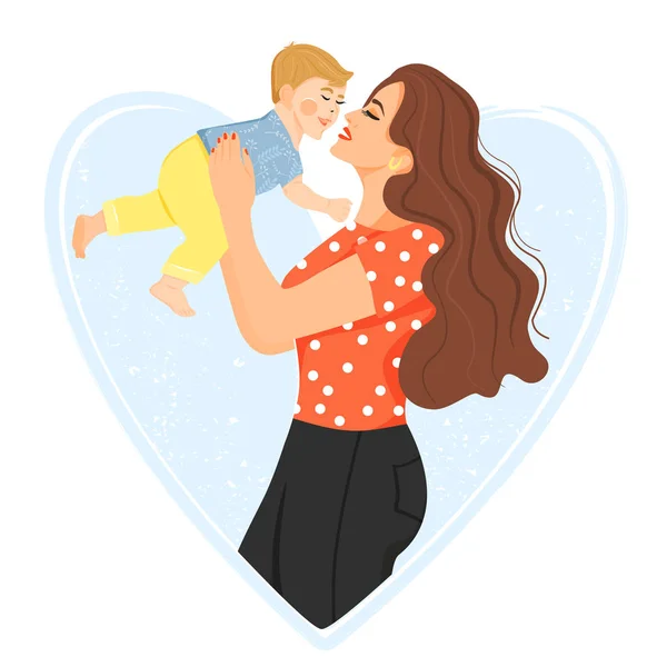 Όμορφη μητέρα με γιο. Η μαμά κρατά το παιδί στην αγκαλιά της. — Διανυσματικό Αρχείο