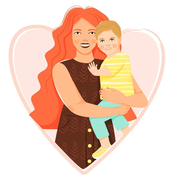 stock vector Beautiful mother with her son. Mom holds child in her arms. 