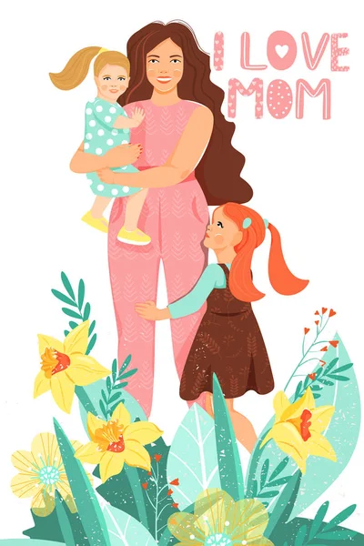 Çocukları, çiçekleri ve şık harfleri ile güzel anne. — Stok Vektör