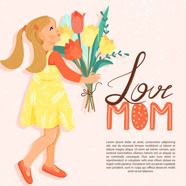 Feliz cartão de felicitações do dia da mãe. Menina bonito com buquê de tulipas . — Vetor de Stock