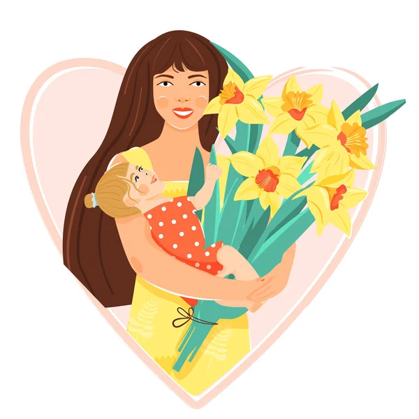 Όμορφη μητέρα με μικρή κόρη και λουλούδια. — Διανυσματικό Αρχείο