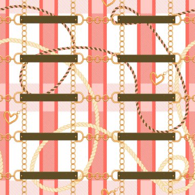 Abstarct seamless pattern with checkered print, chains, rope, heart and belts. clipart