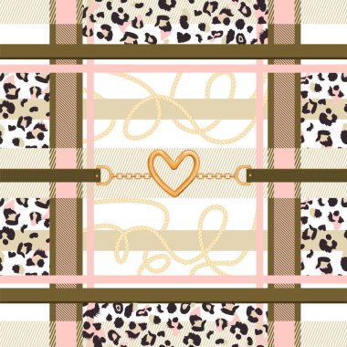 Zincirler, halat, kemerler, kalp ve leopar derisi ile soyut geometrik desen.