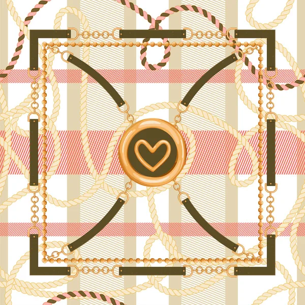 Abstarct seamless pattern with gold chain, rope, heart and belts. — Stock Vector