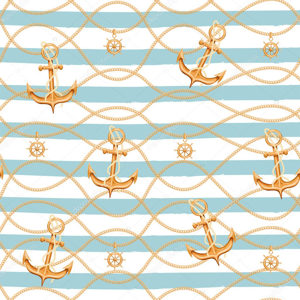 Seamless pattern with golden chains, anchor and ship wheel.