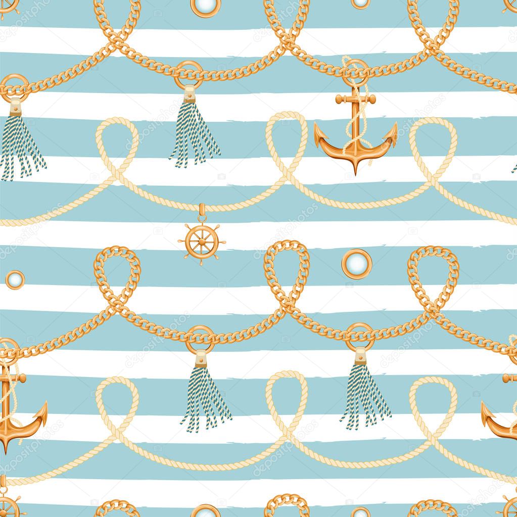 Seamless pattern with ropes, golden chain, tassels, ship wheel anchor.